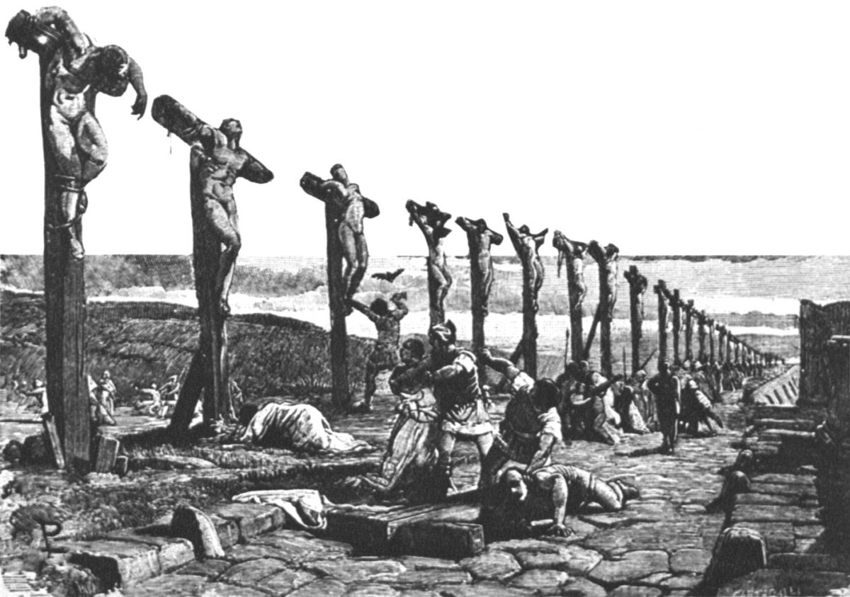 Commilitoni di Spartaco crocifissi lungo la Via Appia - Illustrazione di Ludovico Pogliaghi