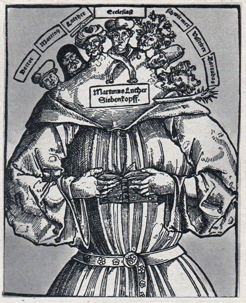 I cattolici contro Lutero: in questa caricatura del XVI secolo, il riformatore tedesco è raffigurato come un mostro dalle sette teste: egli è «Dottore», «Martino», «Lutero», «Ecclesiastico», «Pazzoide», «Eunuco» e «Barabba»