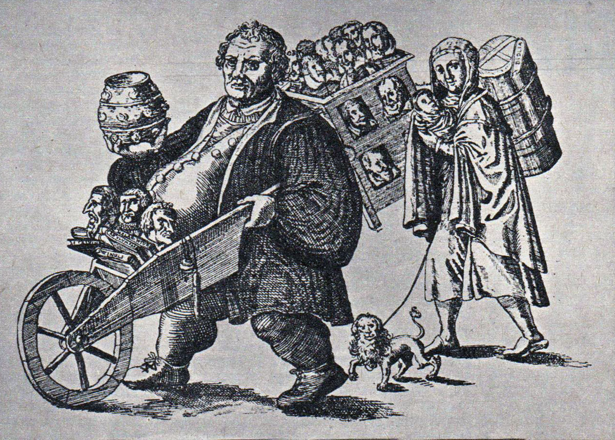 Lutero e la moglie (caricatura del XVI secolo). Sulla schiena, il riformatore si porta i principi suoi amici, e spinge una carrettata di riformatori: Zwingli, Calvino, Melantone, e via dicendo