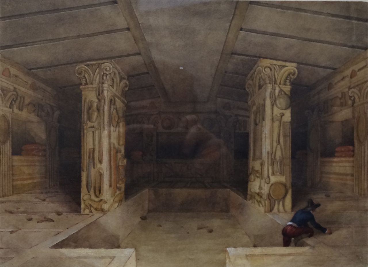 Cerveteri, Interno della Tomba dei Rilievi, acquerello di Samuel J. Ainsley. 1843. Pittore, disegnatore e acquarellista, Ainsley accompagnò George Dennis durante i suoi viaggi in Etruria.